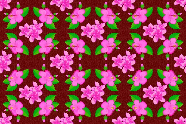 Raster Illustration Ethnic Floral Seamless Pattern Red Background Decorative Hibiscus — Stock Photo, Image