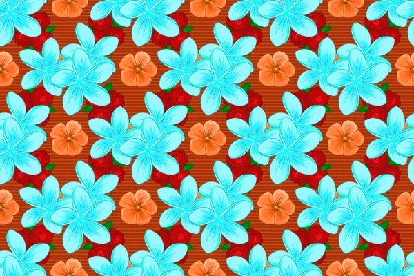 Płynny Wzór Tła Dekoracyjnymi Kwiatami Plumerii Liści Kolorach Niebieskim Pomarańczowym — Zdjęcie stockowe