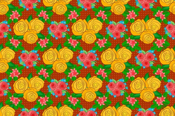 Бесшовный Узор Милыми Розовыми Цветами Зелеными Листьями Желтом Оранжевом Цветах — стоковое фото