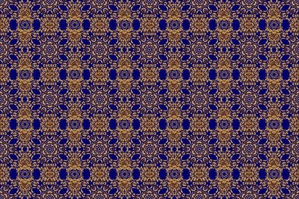 Seamless oriental ornament in the style of baroque on a blue background. Traditional classic raster golden pattern.