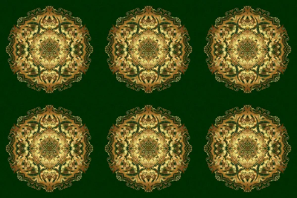 Modern raster template for brochure leaflet flyer cover catalog magazine or annual report. Business, science and technology design book layout. Mandala presentation. Golden layout on green background.