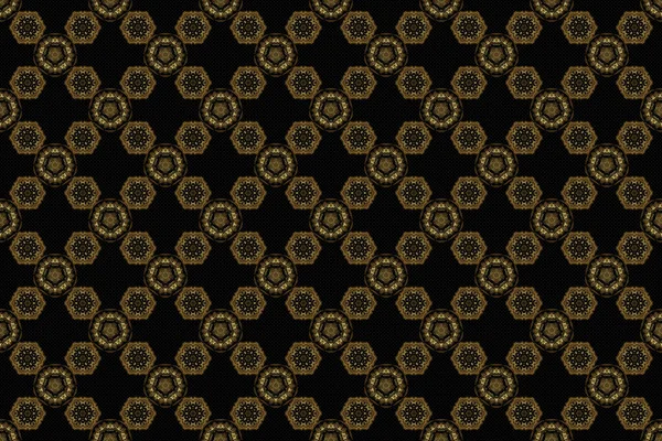 Vintage seamless border and grid for design template on a black background. Seamless pattern in Eastern style with floral golden elements. Raster sketch for cards, thank you message, printing.