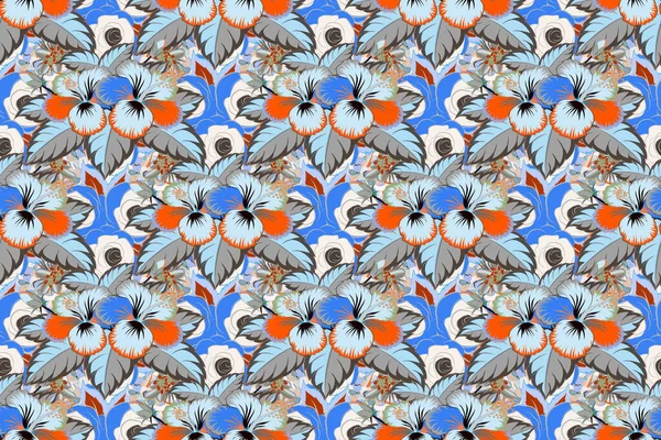 Modèle Hibiscus Gris Bleu Orange Impression Textile Pour Linge Lit — Photo