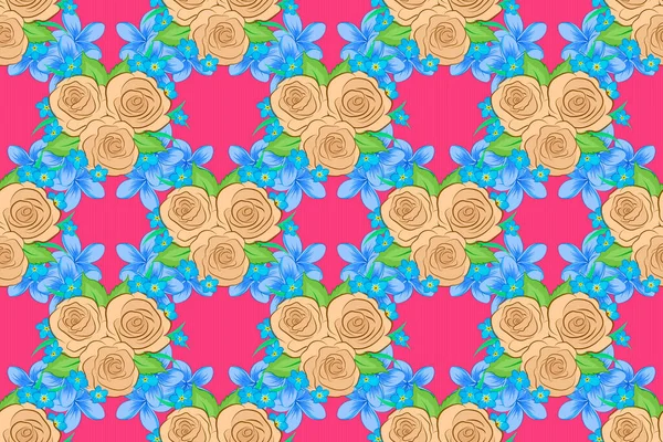 Nahtloses Muster Mit Dekorativen Sommerrosenblüten Und Grünen Blättern Auf Rosa — Stockfoto