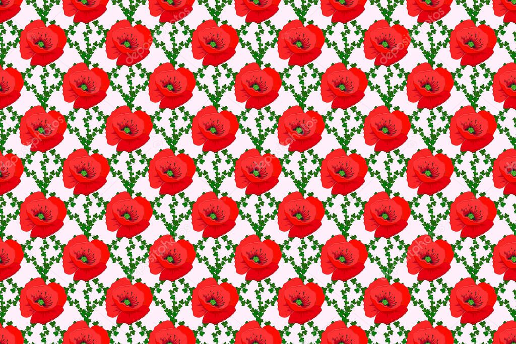 Watercolor seamless pattern with poppy flowers on a beige background. Exquisite pattern of poppy flowers. Vintage style trendy print. Beautiful raster pattern for decoration and design.