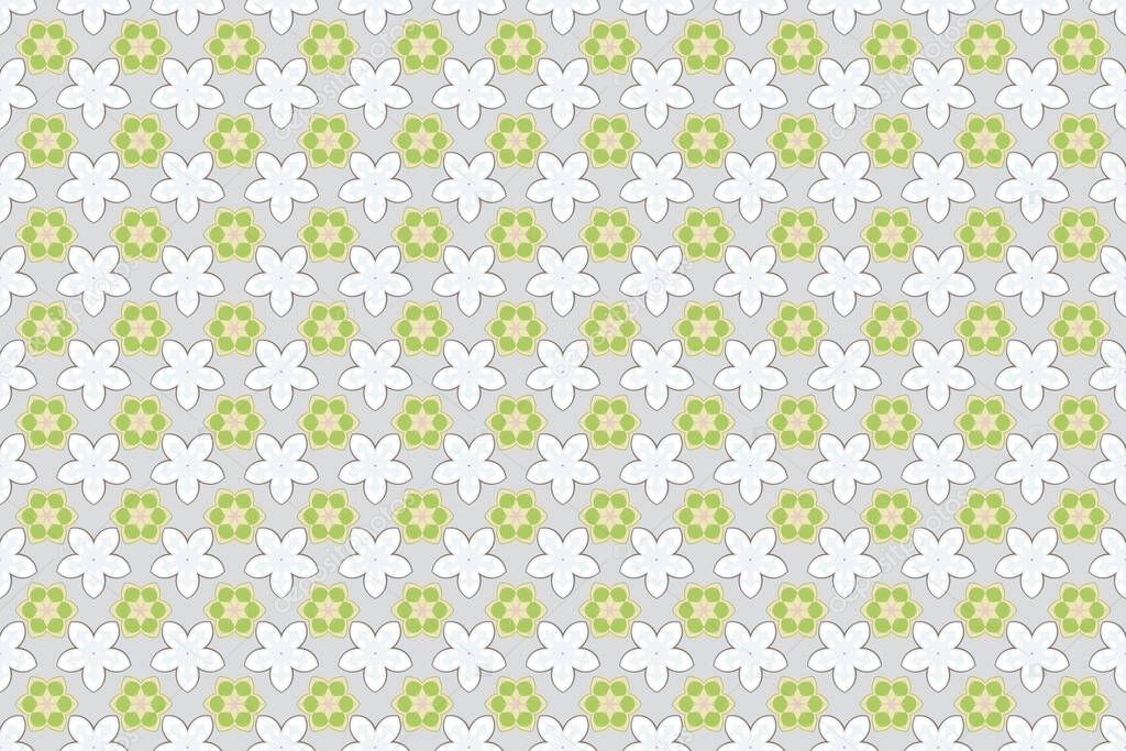 Raster flowers seamless pattern in gray, beige and white colors. Many cute flowers in ditsy style.