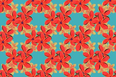 Dekoratif Plumeria çiçekleriyle kusursuz arka plan deseni ve kırmızı, gri ve mavi yapraklar. Raster illüstrasyonu.