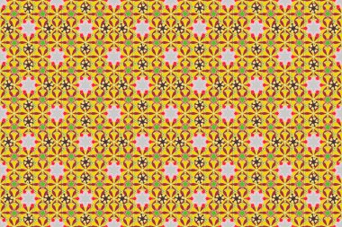 Bej, sarı ve kırmızı renklerde raster tasarımı. Ditsy tarzı. Çiçeksiz desen, küçük çiçekli basit çiçek deseni..