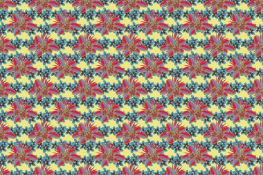 Karalama çizim stili, elle çizilmiş çizim. Çiçekler, yapraklar, dekoratif elementler, sıçrama, lekeler ve mavi ve yeşil renkte düşüşler..