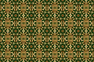 Lüks, kraliyet ve Viktorya dönemi konsepti. Süslü raster dekorasyonu. Yeşil arka planda izole edilmiş altın elementler. Klasik barok çiçekli desenli altın sarısı yeşil.