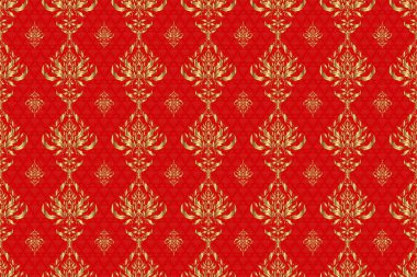 Raster oryantal stil arabesk. Kırmızı zemin üzerinde altın elementler, bukleler ve süsler olan kusursuz bir desen..