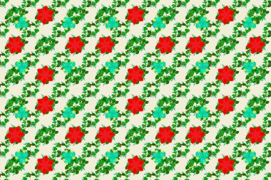 Grafiksel modern model. Güzel bir arkaplan. Yeşil, bej ve kırmızı renklerde kusursuz soyut çiçek deseni. Geometrik yaprak süsü.