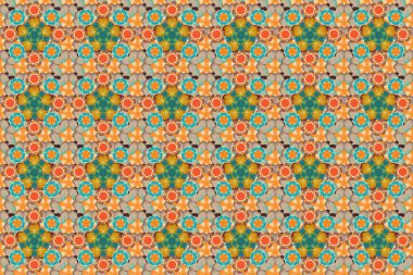 Raster illüstrasyonu. Turuncu, mavi ve bej elementlerle kusursuz desen. Noel kartları, dekorasyon, menüler, ağ, afişler ve şarap ve tatillerle ilgili tasarımlar için iyidir..