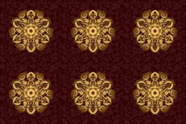 Raster soyut desen. Kahverengi arka planda elle çizilmiş altın mandala.