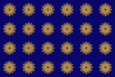 Raster soyut desen. Mavi arka planda elle çizilmiş altın mandala.