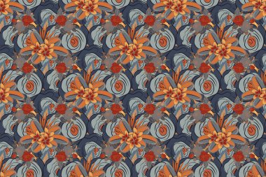 Raster illüstrasyonu. Turuncu, gri ve mavi renklerde, pürüzsüz çiçek desenleri..