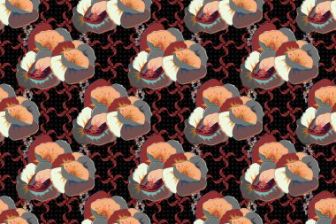 Küçük kahverengi, kırmızı ve bej çiçekler. Çok renkli gelincik çiçeklerinde hoş, pürüzsüz bir desen. Bahar Raster çiçek arkaplanı. Moda baskıları için zarif şablon.