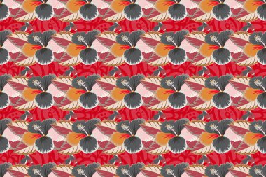 Tropikal bitkiler ve pembe, kırmızı ve gri amber çiçekleri ile yaz Hawaii 'de pürüzsüz desen. Kusursuz Raster illüstrasyonu.