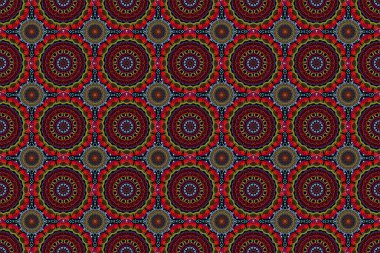 Güzel el yapımı çizimler. Zarif mavi, kırmızı ve yeşil desenli ve Mandala elementleriyle.