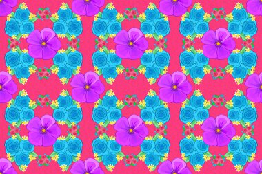 Şekillendirilmiş gül çiçekleri ve mavi, pembe ve menekşe renkli yeşil yapraklarla kusursuz çiçek deseni. Raster illüstrasyonu.