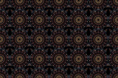 Noel kar taneleri turuncu, mavi ve sarı renklerde. Siyah arka planda karalamalar ve noktalar var. Raster deseni, pürüzsüz, Noel arkaplanı. Çiçek sınırı. Kış pansiyoneri.