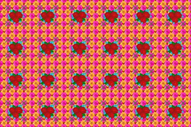 Raster illüstrasyonu. Dekoratif gül çiçekleri ve turuncu, morumsu ve sarı yapraklı kusursuz arkaplan deseni.