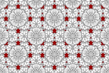 Karmaşık folyonun dokusu. Çemberler kusursuz desen. Art deco tarzı. Raster 'ın parlak arka planı. Soyut beyaz, kırmızı ve siyah geometrik modern tasarım.