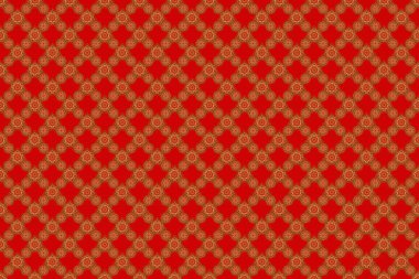 Raster illüstrasyonu. Geleneksel klasik altın ve kırmızı desen. Kırmızı arkaplanda barok tarzında doğulu süslemeler..