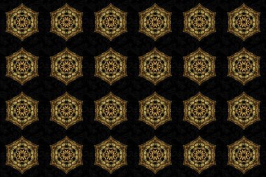 El yapımı mandala, altın soyut desenli, siyah bir arka planda izole edilmiş. Çanta tasarımı.