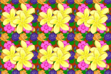 Plumeria çiçekleri sarı, yeşil ve turuncu renklerde kusursuz desen. Dekorasyon ve tasarım için güzel bir raster deseni. Plumeria çiçeklerinin zarif deseni. Eski tarz moda yazdırma.