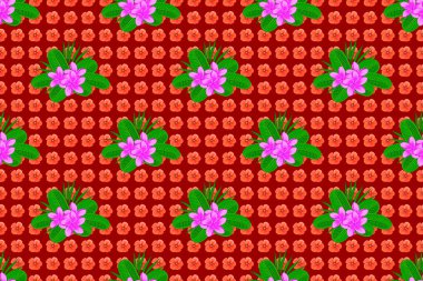 Dekorasyon ve tasarım için güzel bir raster deseni. Kırmızı arka planda tesisat çiçekleri olan dikişsiz suluboya deseni. Eski tarz moda baskı. Plumeria çiçeklerinin zarif deseni.