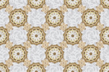 Gri bir arka planda altın şebeke ile kusursuz bir desen. Raster kare kompozisyonu ve altın antika süsü..