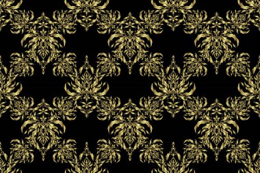 Damask zarif duvar kağıdı. Siyah arka planda pürüzsüz bir iz var. Siyah ve altın renkli klasik tasarım.
