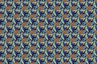 Raster illüstrasyonu. Dekoratif tesisat çiçekleriyle mavi, gri ve menekşe renginde etnik, pürüzsüz desenler.