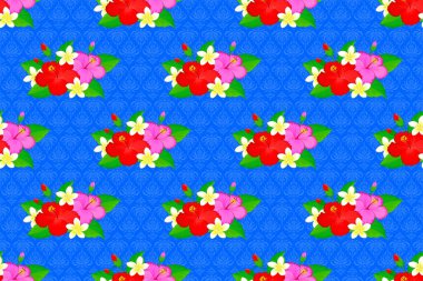 Dekoratif amber çiçekleri ve mavi arka planda yaprakları olan kusursuz arkaplan deseni. Raster illüstrasyonu.