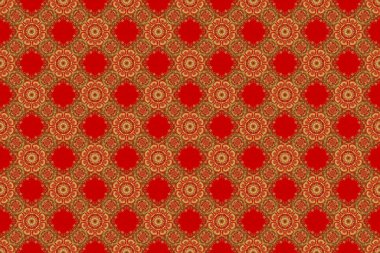 Raster illüstrasyonu. Kırmızı arkaplanda altın gibi parlak süsler, pürüzsüz desenler, soyut şekiller..