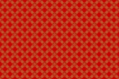 Geometrik, altın elementlerle tekrar eden raster süsü. Kırmızı arka planda kusursuz, soyut modern model. Kırmızı ve altın pürüzsüz desen.