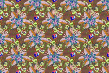 Küçük basit çiçeklerin çok renkli süslemeleri, tasarım ve tekstil için soyut soyutlamalar..