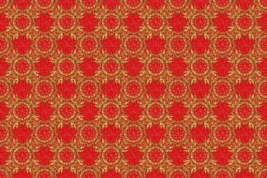 Kırmızı arka planda altın tekrarlayan elementlerle modern geometrik kusursuz desen. Kusursuz raster altın süs.