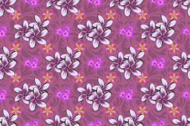 Geleneksel dikişsiz şal deseni. Raster çizgili, pürüzsüz desenli Plumeria çiçeği. Mor, mor ve morumsu çiçek resimleri. Kumaş, tekstil, ambalaj kağıdı için dekoratif süs