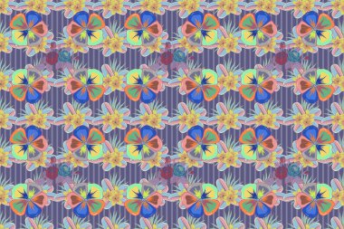 Şirin kozmos çiçeklerinde sarı, mavi ve pembe renklerde kusursuz çiçek deseni. Raster illüstrasyonu.