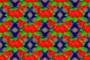 Hibiscus çiçekleri kusursuz desenli kırmızı, yeşil ve mavi renklerde. Sevimli Raster çiçek arkaplanı.