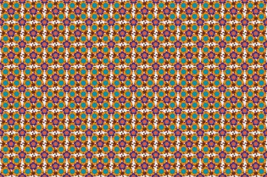 Raster kusursuz Noel süsü deseni. Parlak arkaplan çizimi sarı, mavi ve kahverengi renklerle.