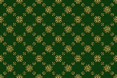 Yeşil arkaplanda parlak bir arkaplan çizimi. Raster kusursuz altın Noel süsü deseni.
