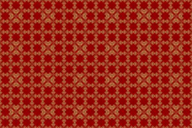 Kırmızı arka planda, altın rengi süslemeli, pürüzsüz bir desen..