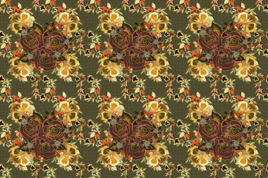 Raster kusursuz desen. Kırmızı, yeşil ve sarı güllü tebrik kartı, suluboya, düğün, doğum günü ve diğer tatil ve yaz arkaplanı için davetiye olarak kullanılabilir.