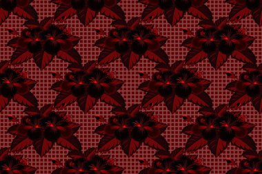 Yatak çarşafları, ceket, paket tasarımı, kumaş ve moda kavramları için tekstil baskısı. Egzotik raster dikişsiz desenli çiçek tasarımı. Siyah ve kırmızı amber deseni. Çiçeksiz suluboya desen.