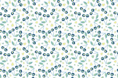 Soyut kirazlı çiçek arkaplanı. El yapımı, pürüzsüz desen. Mavi ve yeşil stilize kiraz..