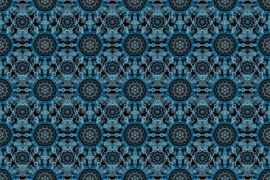 Raster illüstrasyonu. Damask mavi renklerle renksiz çiçek arkaplan deseni.