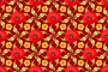 Web sayfaları, düğün davetiyeleri, tekstil, duvar kağıtları için romantik bir geçmiş. Kırmızı arkaplanda suluboya gelincik çiçekleri pürüzsüz desen.
